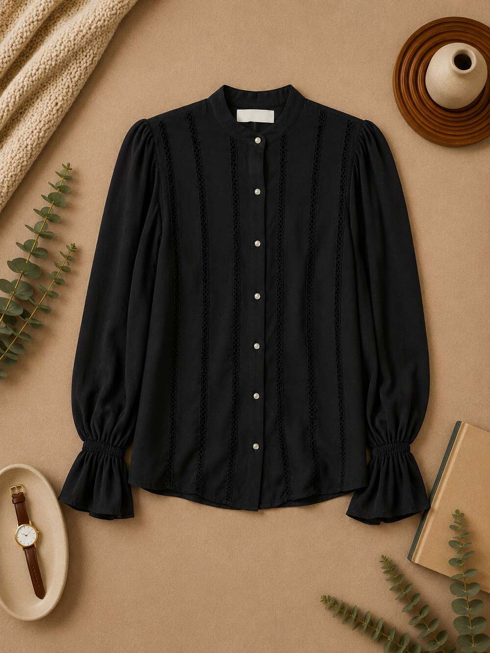 Keepsake Women's Black Lace Inset Button Front Blouse Gothic Dark Academia SZ S